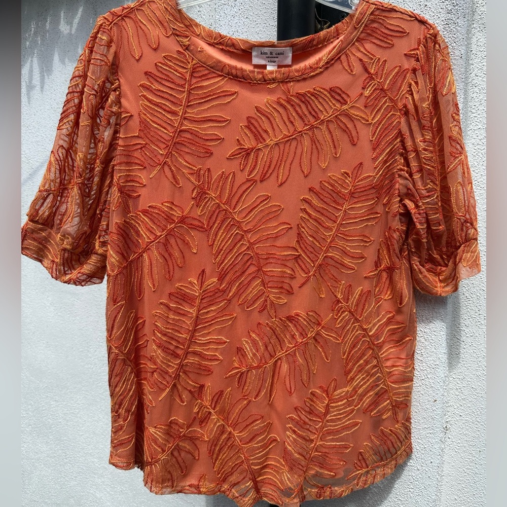 Orange Embroidered Leaf Short Sleeve Top